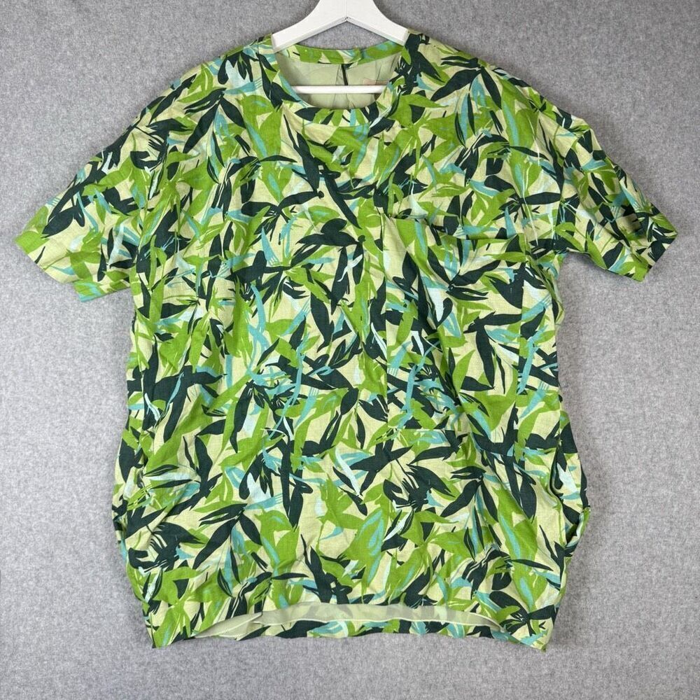 Elle Sasson Womens 34 US XXL Brooke Leaves Print Linen Top Green Blue Lined